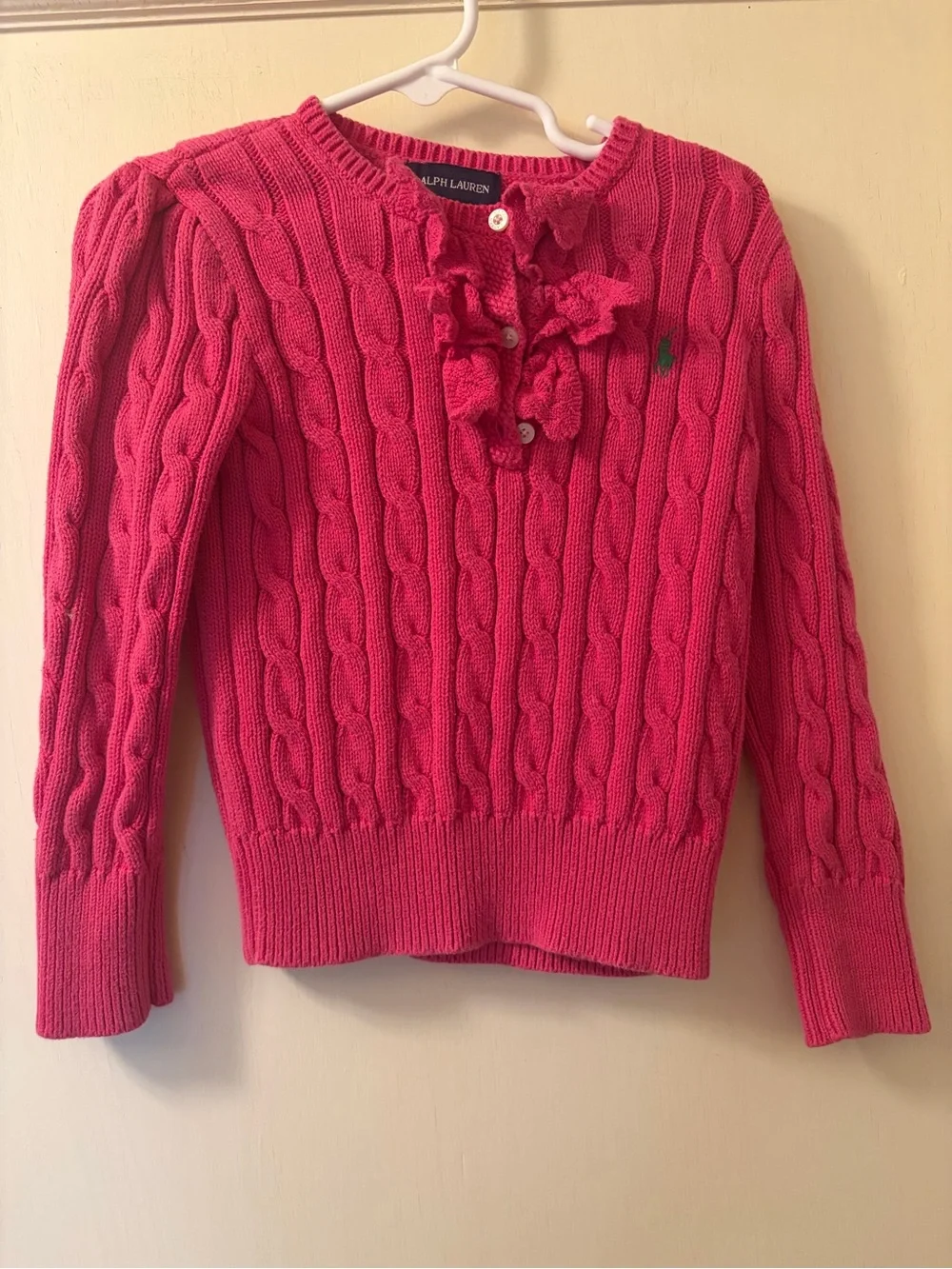 Ralph Lauren Girls' Hot Pink Cable-Knit Ruffle sweater